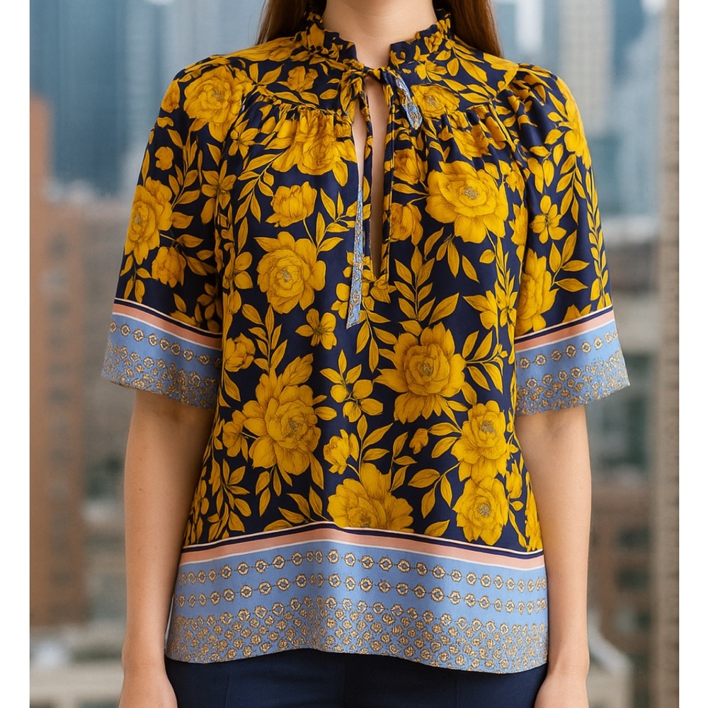 Floral Short Sleeve Satin Blouse from Lavender Brown, Sz‎ Small, American made!